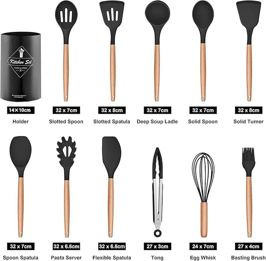 Utensil Set 19 Piece Silicone Kitchenware Heat Resistant Non stick Cooking Tool with Wooden Handles Silicone Cookware Set Essalan Shop