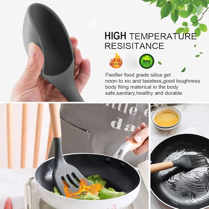 Utensil Set 19 Piece Silicone Kitchenware Heat Resistant Non stick Cooking Tool with Wooden Handles Silicone Cookware Set Essalan Shop