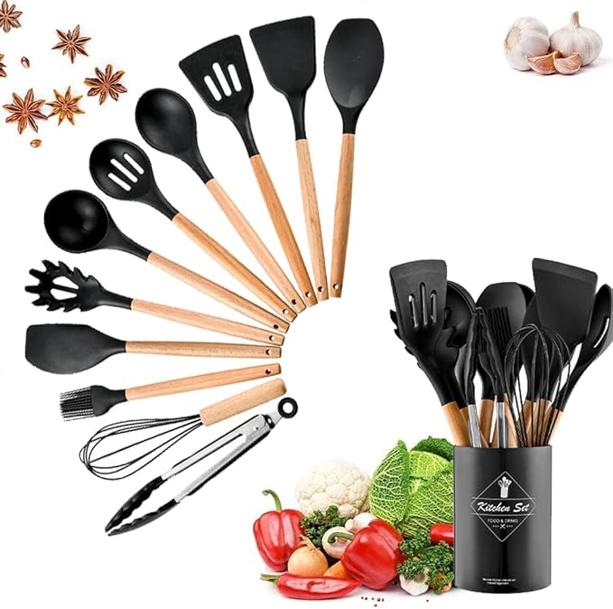 Utensil Set 19 Piece Silicone Kitchenware Heat Resistant Non stick Cooking Tool with Wooden Handles Silicone Cookware Set Essalan Shop